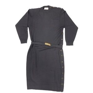 St. John Knit Classic Black Long Sleeve Sweater Dress with Belt